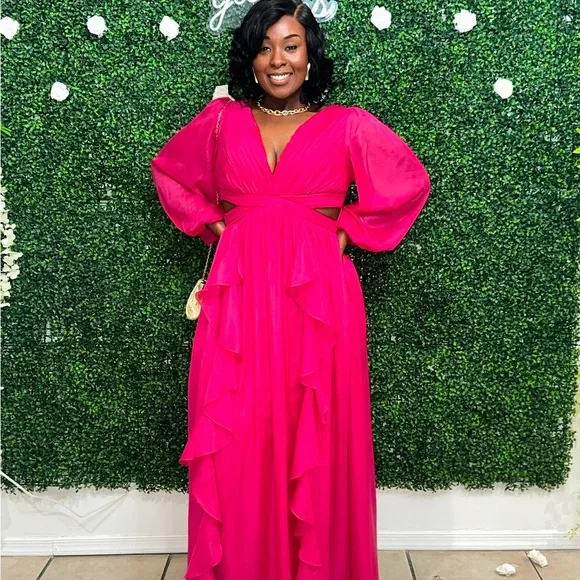 Fashion Nova Hot Pink Long Sleeve Ruffle Maxi Dress - Picture 2 of 2